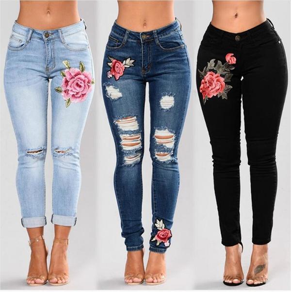 Ongebruikt Flower geborduurde gescheurde jeans voor vrouwen= 64,98 % Korting VX-71